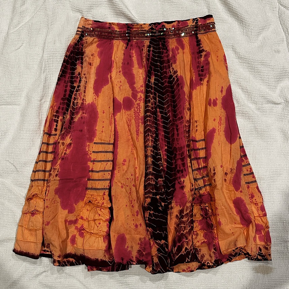 Bohemian Boho Hippie 70s Festival Tie-Dye Skirt w/ sequin embellished waistband